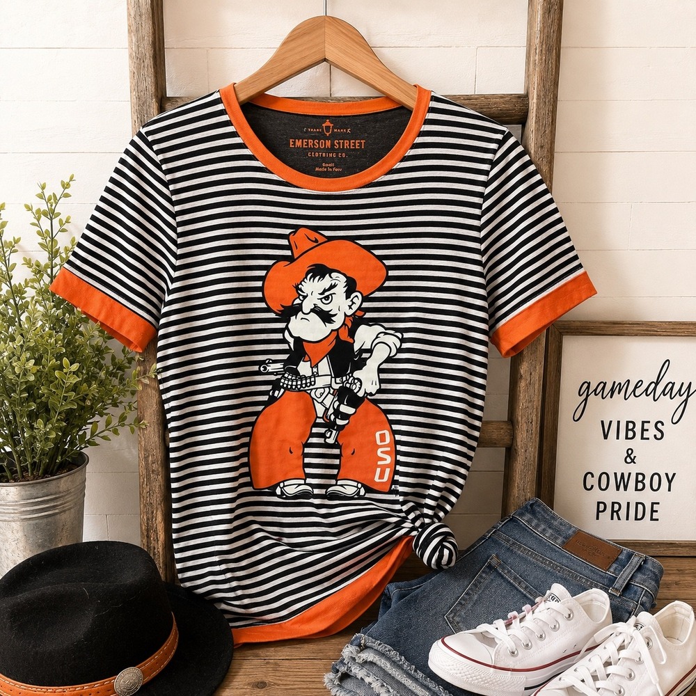 Oklahoma State Cowboys Pistol Pete Striped T-Shirt Women's Small Orange Black - Picture 1 of 10